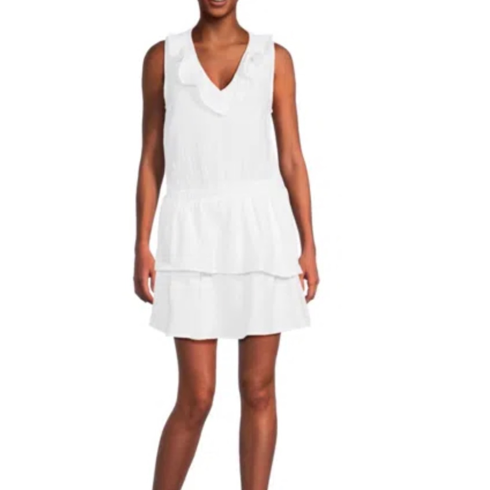 NWT Sol Angeles 100% Cotton Ruffle V Neck Mini Dress - Medium - White